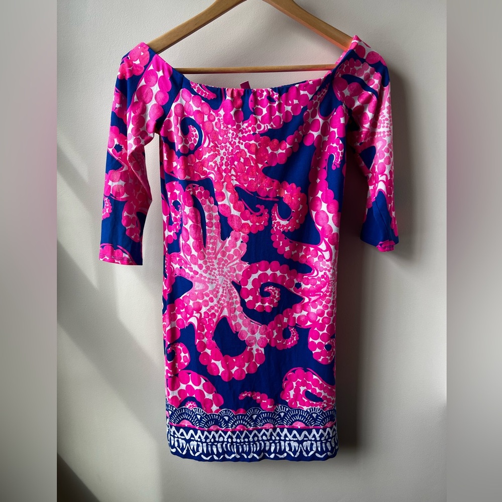 LILLY PULITZER Laurana Dress Ikat Blue Off-Shoulder Dress Starfish‎ Octopus XS